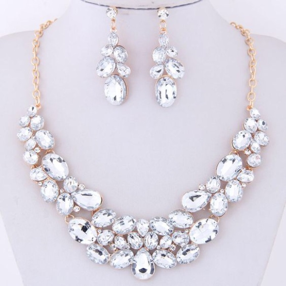 Clear Rhinestone Alloy Gold Necklace Set